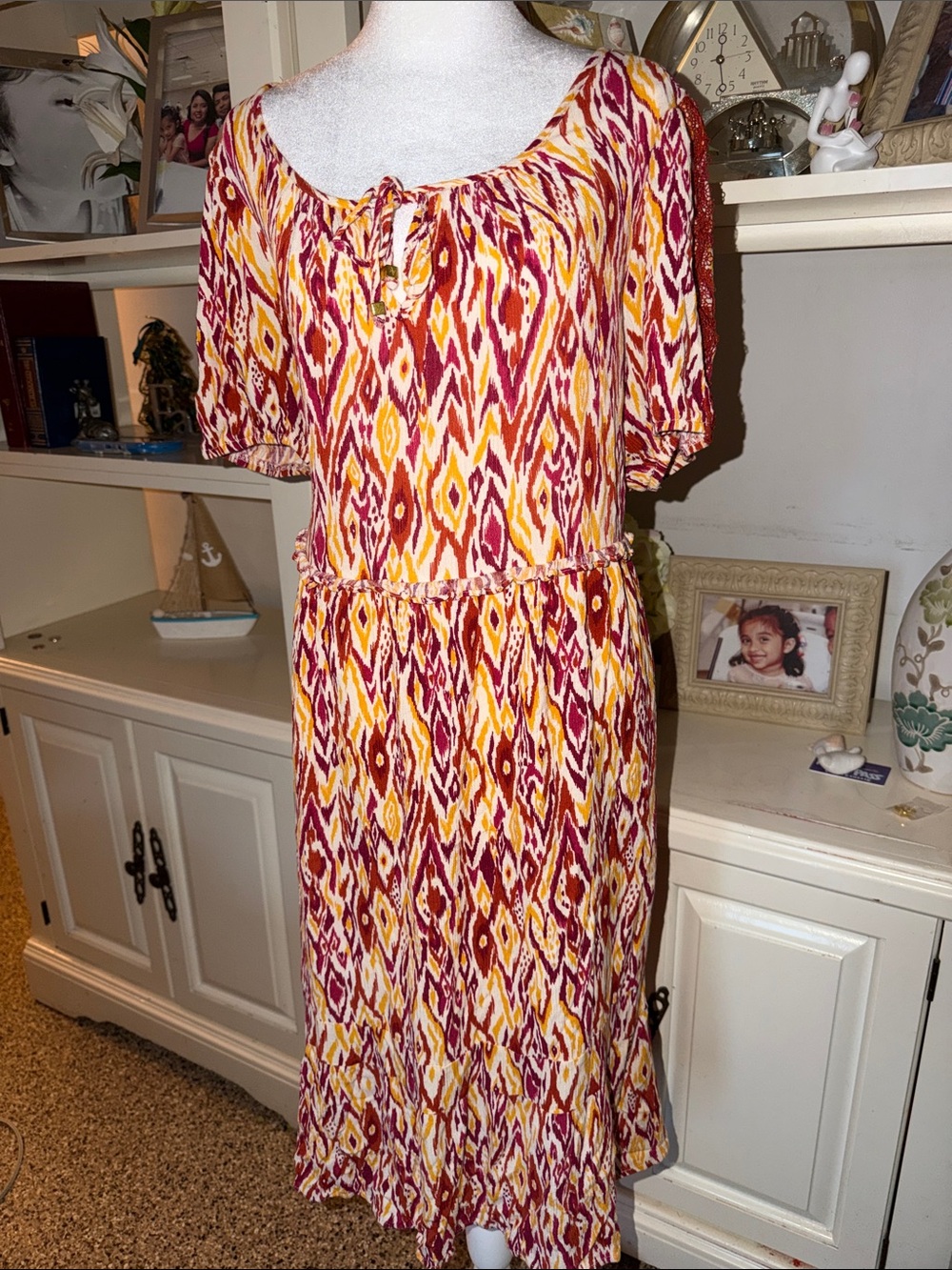 Adrienne Vittadini Red and Yellow Ikat Midi Dress